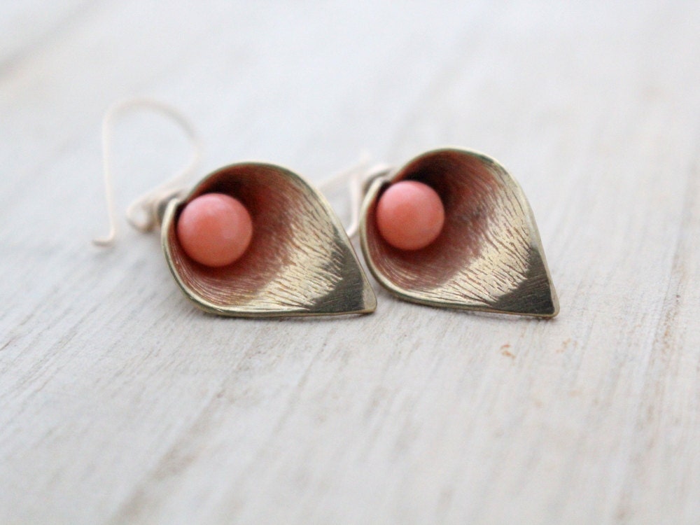 Coral Earrings, Gold Filled Pink Gemstone Drop Earrings, Calla Lily, Romantic Vintage Style, Summer Fashion