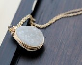 White Druzy Bezel Wrapped Necklace in Gold Fill, Teardrop Druzy Quartz, Gemstone Fashion