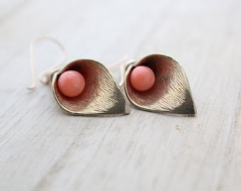 Coral Earrings, Gold Filled Pink Gemstone Drop Earrings, Calla Lily, Romantic Vintage Style, Summer Fashion