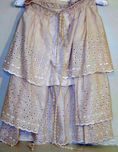 Ruffled Tea Stained Half Apron, AUDREY, eyelet, upcycled linens, tamilyn gift, ruffles,hostess apron, ecru,petticoat apron