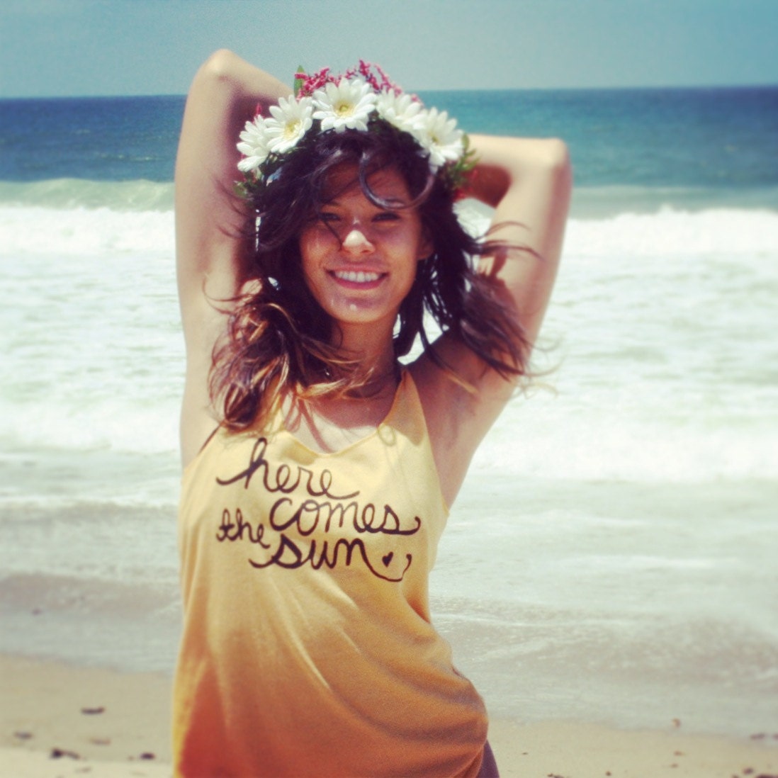 MADE TO ORDER. Small Beach Tank "Here Comes The Sun"Inspirational Quote Tank in Eco True Gold
