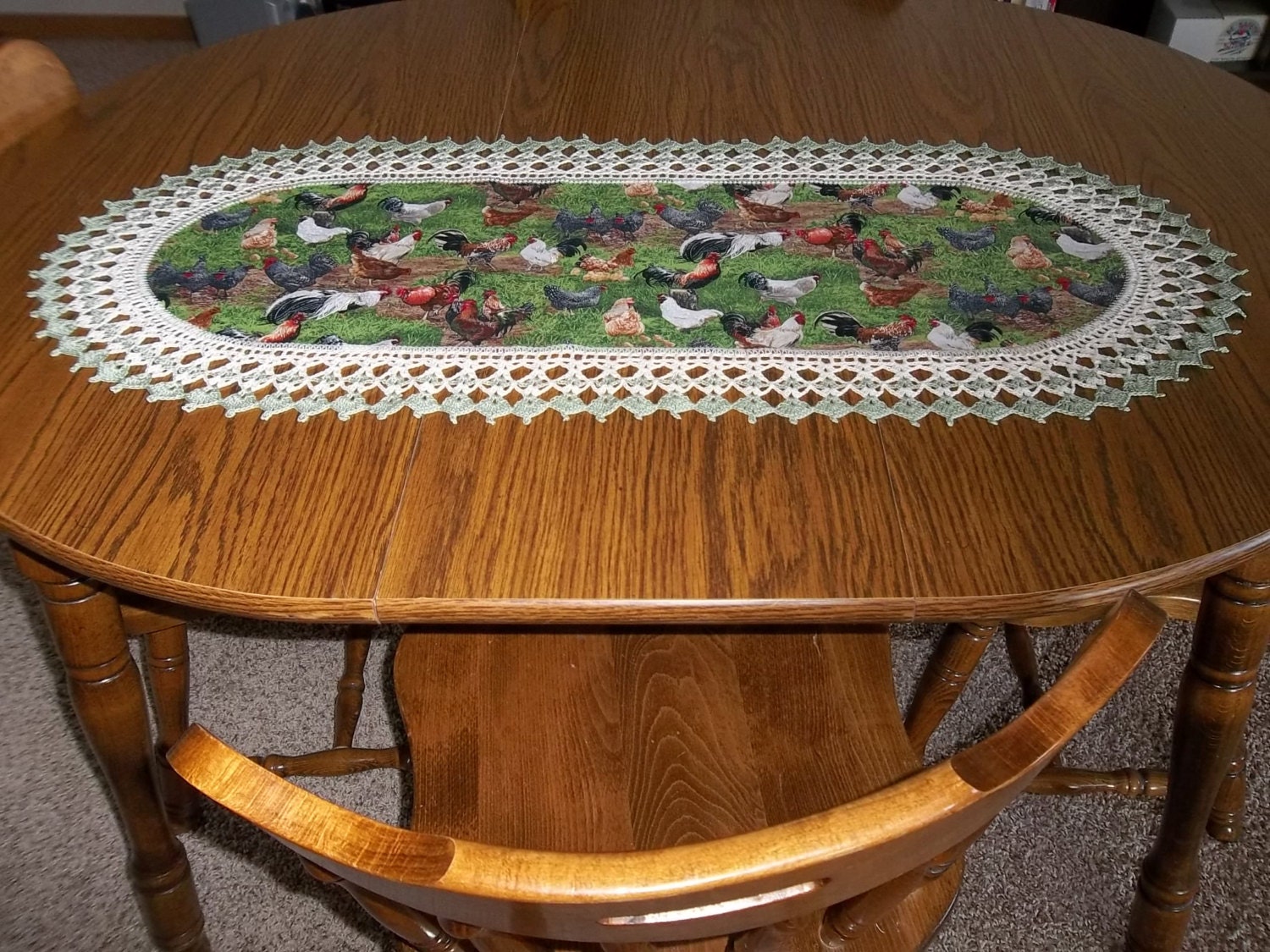 Crocheted Chicken and Rooster Table Runner Crocheted Edge Fabric Center