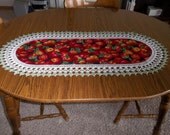 Crocheted Table Runner Delicious Red Apples Fabric Center Crocheted Edging