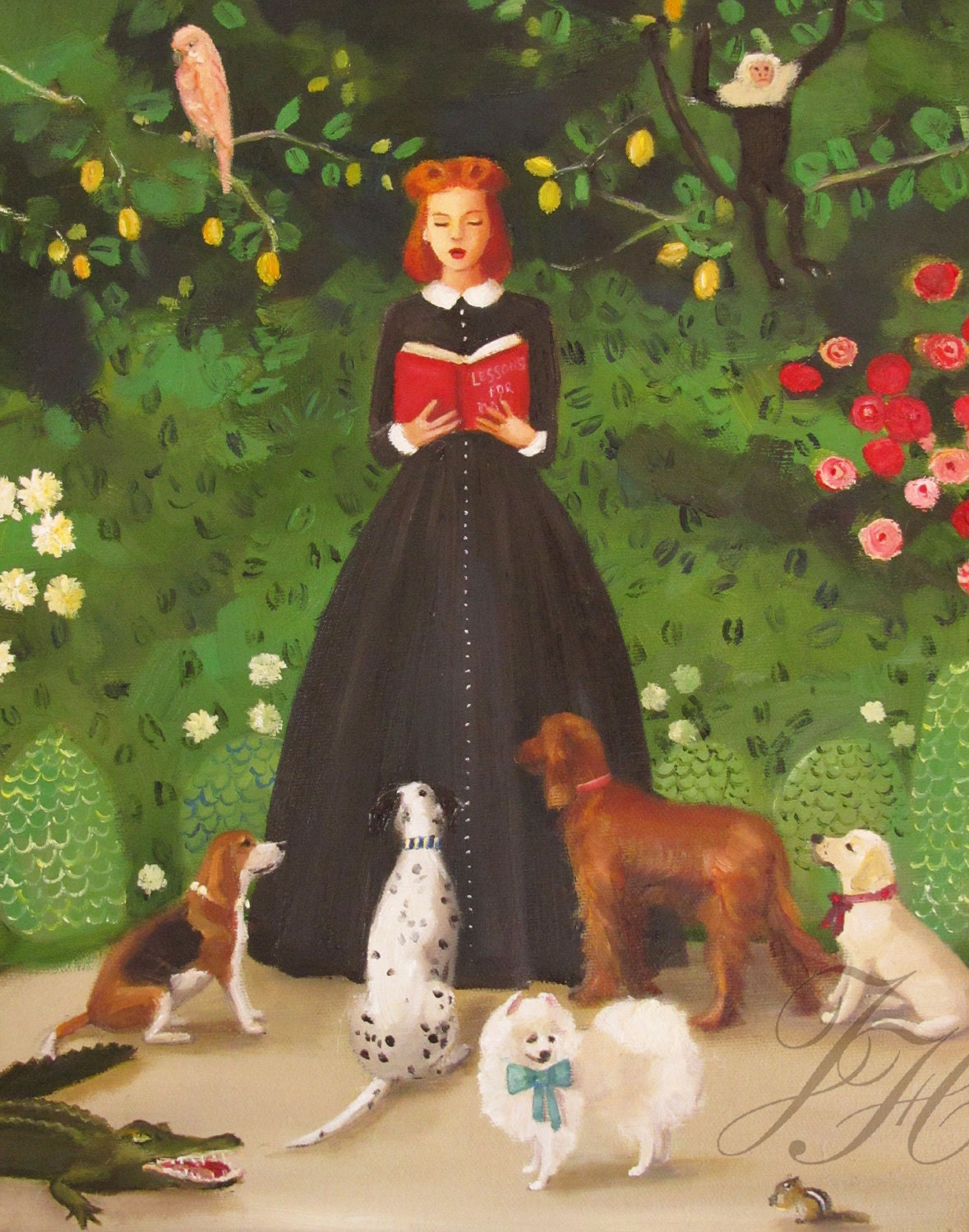Miss Moon Was A Dog Governess- Lesson One:  Be Kind To The Wildlife And They May Return The Favour One Day. Art Print