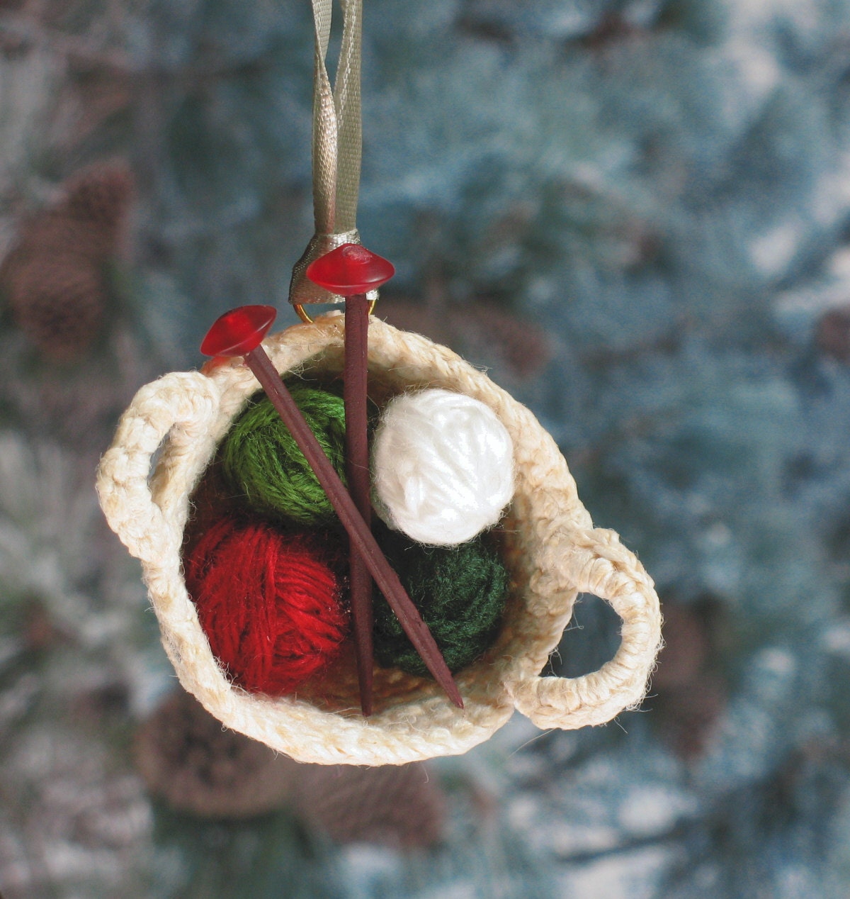 Knitting Basket Christmas Ornament--Yarn and Needles in Basket--Knitting Love