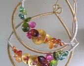 A Skip in your Step...Sapphires Garnet Vesuvianite Signature Original Mixed Metal Encrusted Arc on Teadrop Hoop Earrings