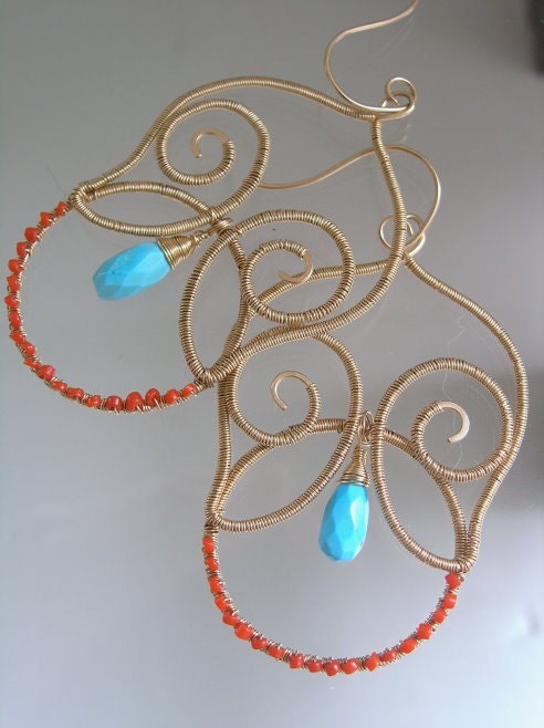 Mod Morocco...Coral and Turquoise Embellished Original Sculptural Gold Filled Earrings