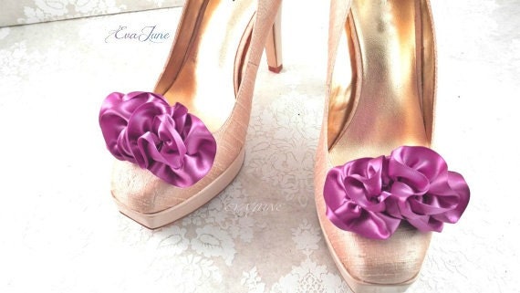 Plum Purple Shoe Clips,  Handmade Purple Wedding, Marie Antoinette Ruffle.