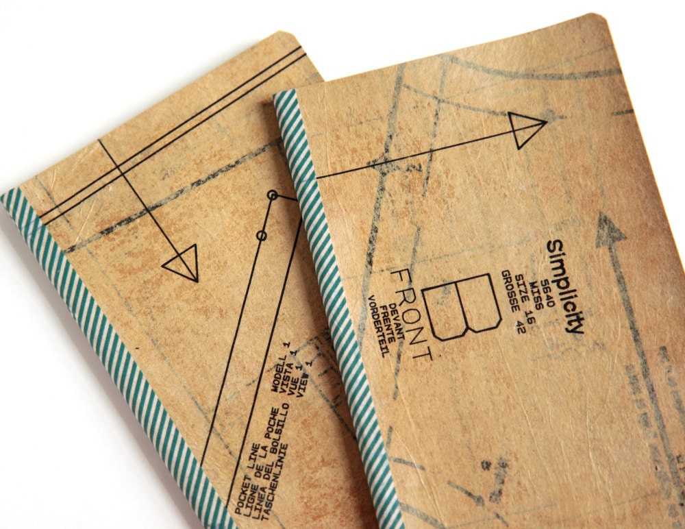 large moleskine cahiers notebook or journal with lined pages and sewing pattern collage, stitch and sew (imperfect)