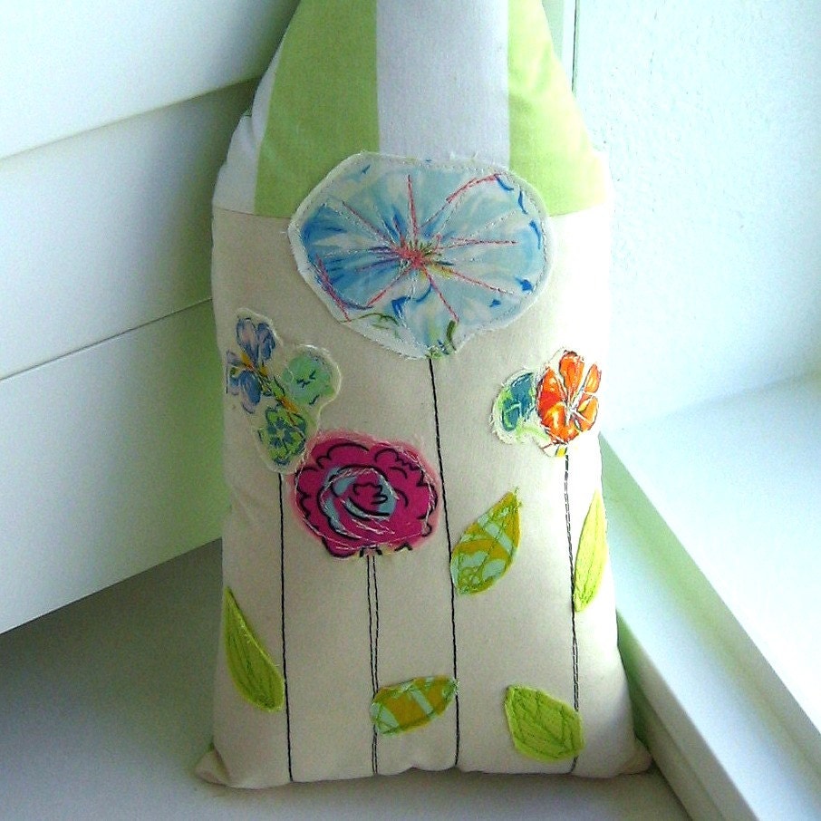 House Pillow, Home Pillow, Flower Pillow,  House Shaped Pillow, Appliqued Pillow, Art Pillow, Garden Pillow, Cottage Pillow - No. 144