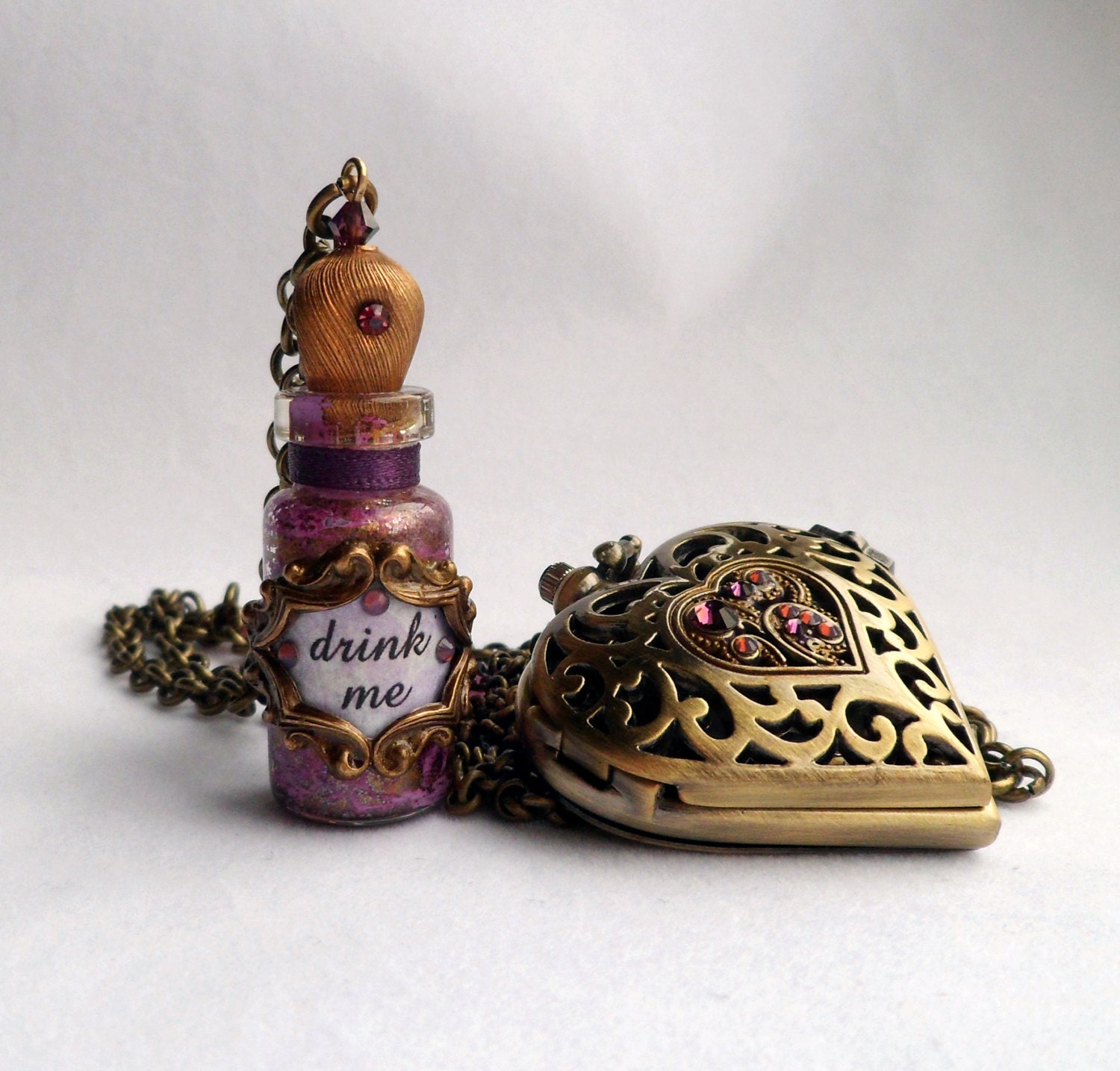 Alice in Wonderland Purple and Antique Brass Heart Pocket Watch and Drink Me Bottle Necklace