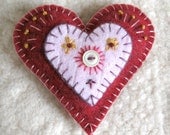 Mauve and Pink Heart Felt Brooch, Embroidered Upcycled Sweater Wool Pin