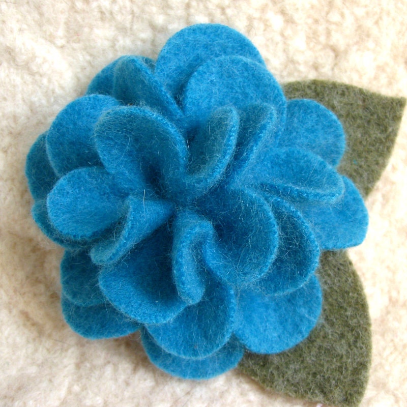 Parrot Blue Peony Brooch - Recycled Sweater Wool Flower Pin