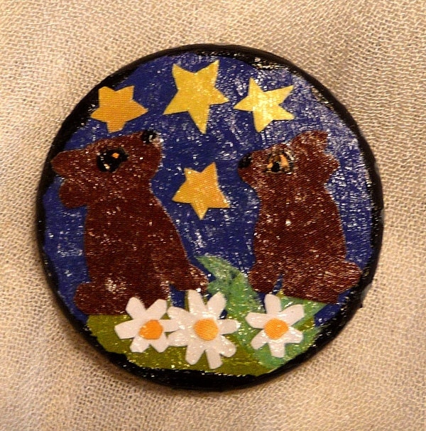 Handmade, original Bear cubs pin with daisies