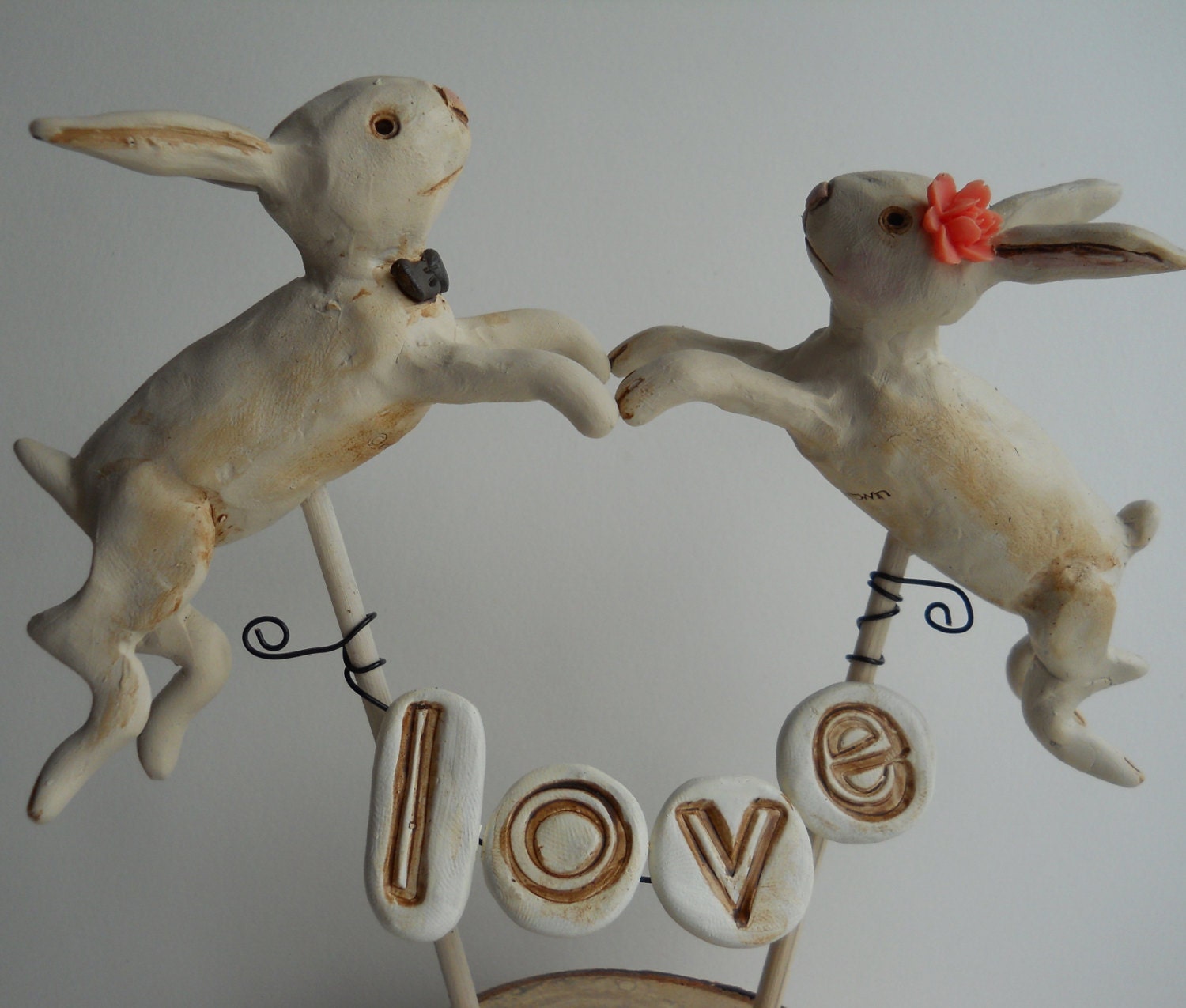 Rabbits in Love Wedding cake topper with Pink accents for your Rustic Wedding
