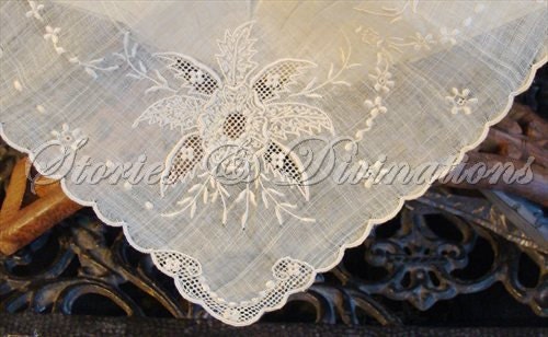 Antique Embroidered Linen Placemats - Three Delicate Sheer Linen Embroidered Placemats - Beautiful