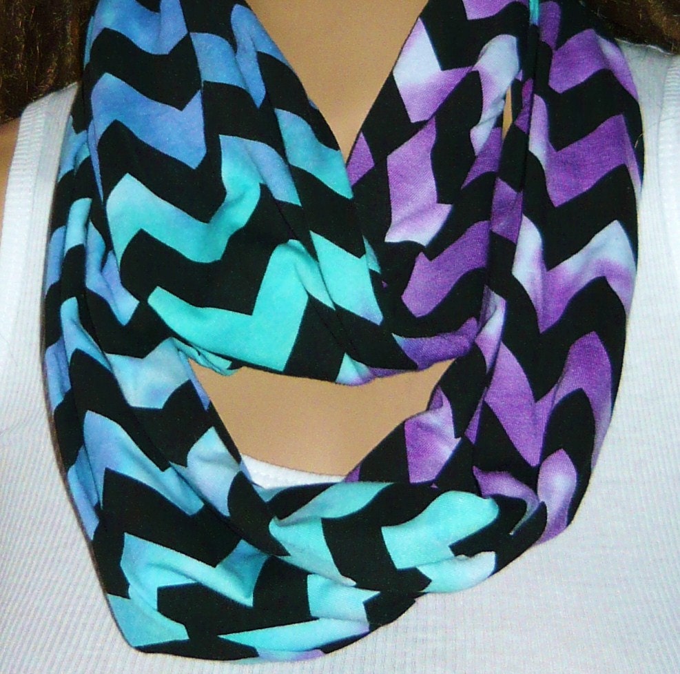Chevron Infinity Scarf,Custom Tie Dyed Blue Purple Cotton Infinity Scarves Zig zag Handmade Knit Jersey Double loop cowlneck Blue