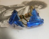 Blue Cut Glass Art Deco Screw Back Earrings