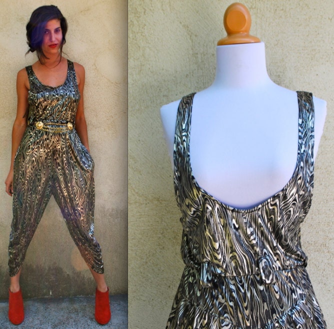 Vintage 70s 80s Metallic Ripples Harem Jumpsuit