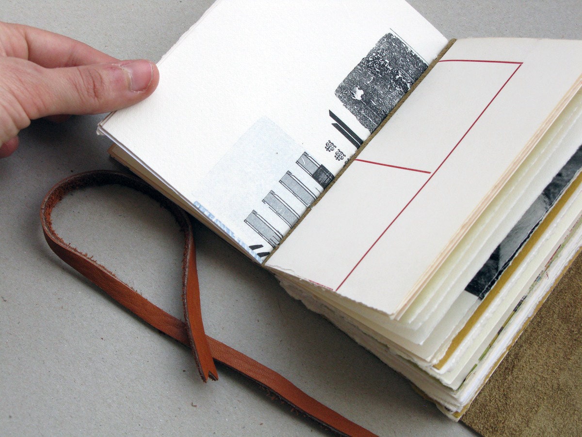 White Leather Handmade Pocket Notebook with Mixed Papers, OOAK