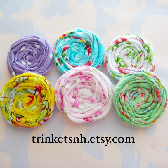 Shabby Rolled Fabric Flower Rosettes Set of Six
