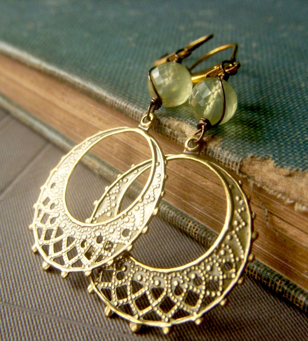 Prehnite Chandelier Earrings on Brass . Vintage Inspired Boho Bohemian . Caravan