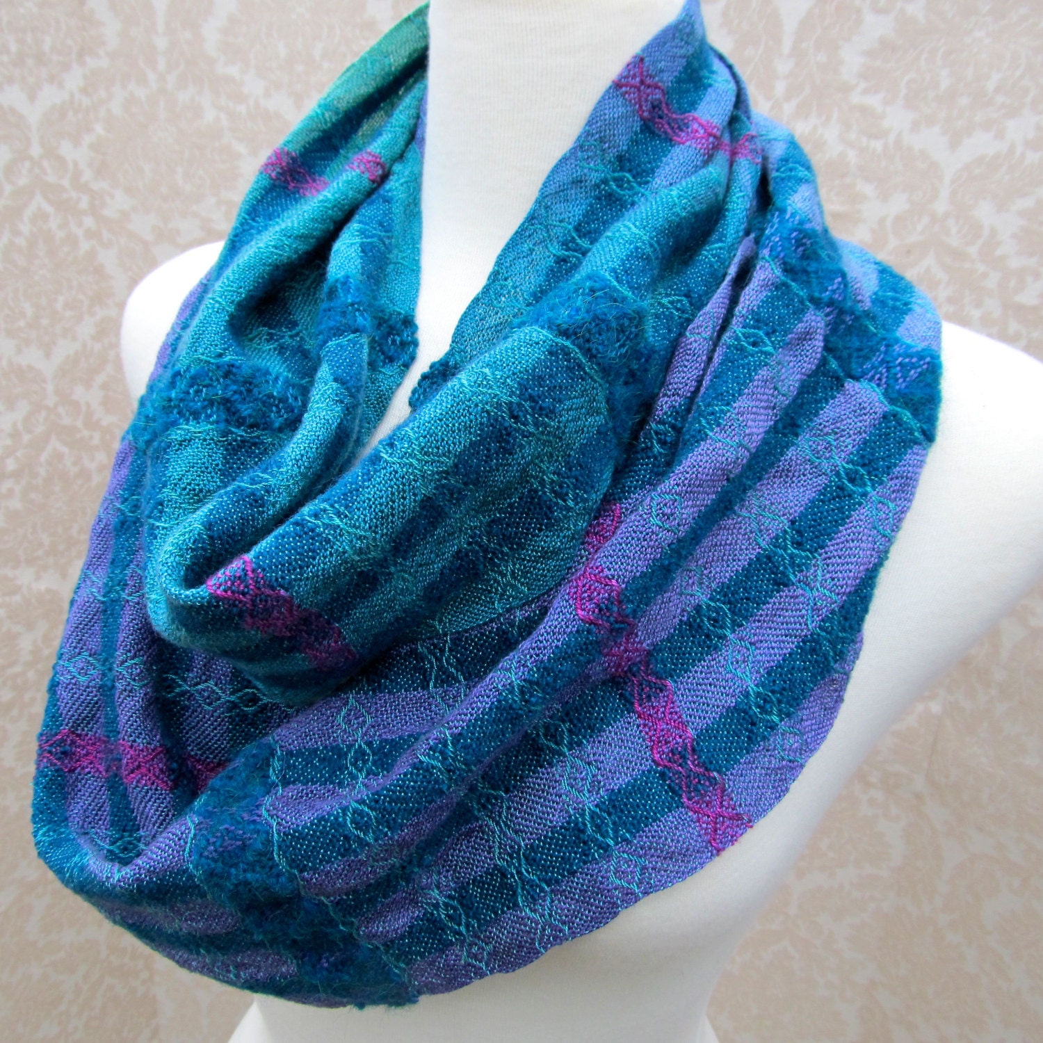 Turquoise to Purple Stripes with Aqua Infinity Handwoven Scarf