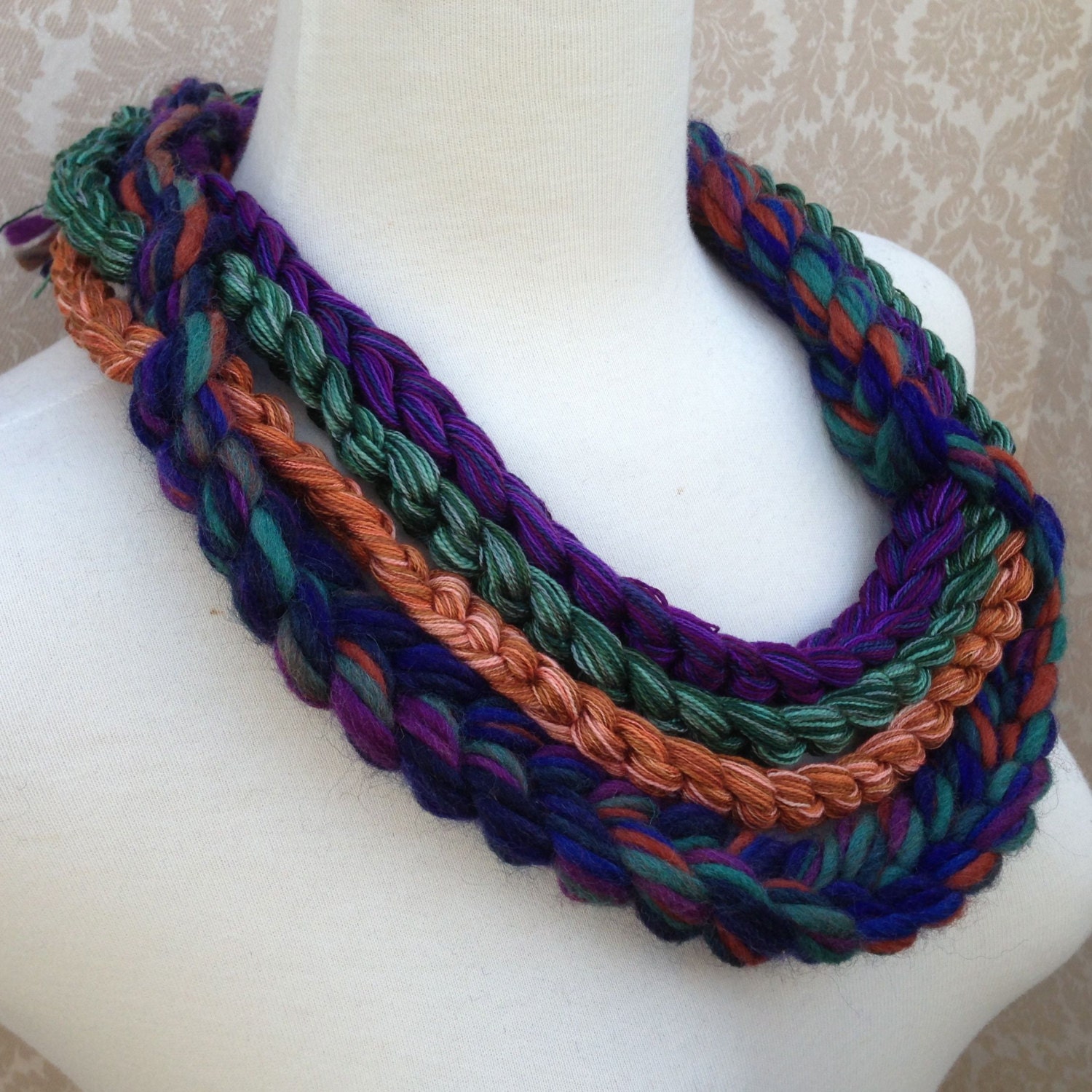 Orange Purple Green Braided Crocheted Yarn Necklace