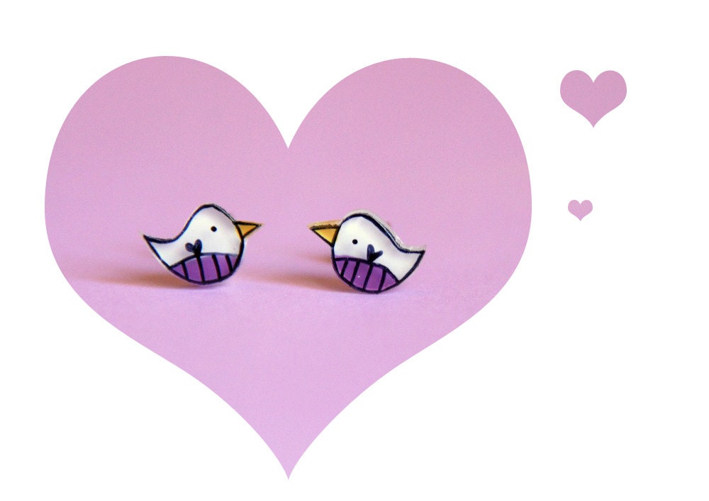 Bird earrings, Small bird jewelry, Illustrated purple earring studs