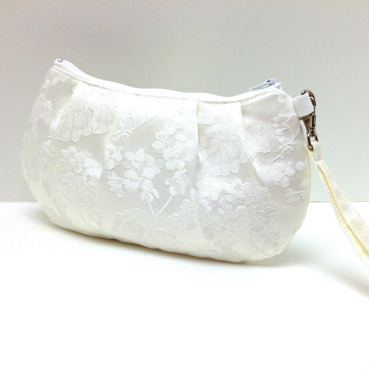 Bridal Clutch Purse Pleated Wristlet - Floral Brocade White Satin