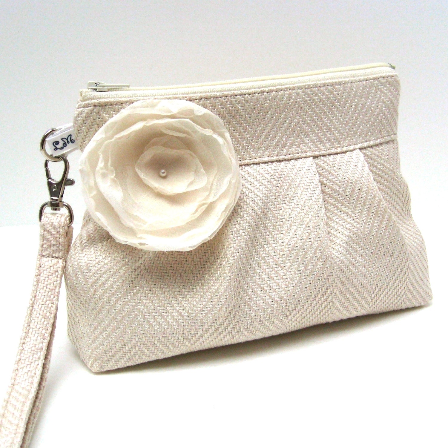 Zippered Wristlet Clutch Purse with Flower Brooch - Herringbone in Ivory Cream