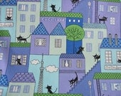 black cat / Japanese Fabric  by Kokka / cocoland blue, Kawaii kitties  houses, cats