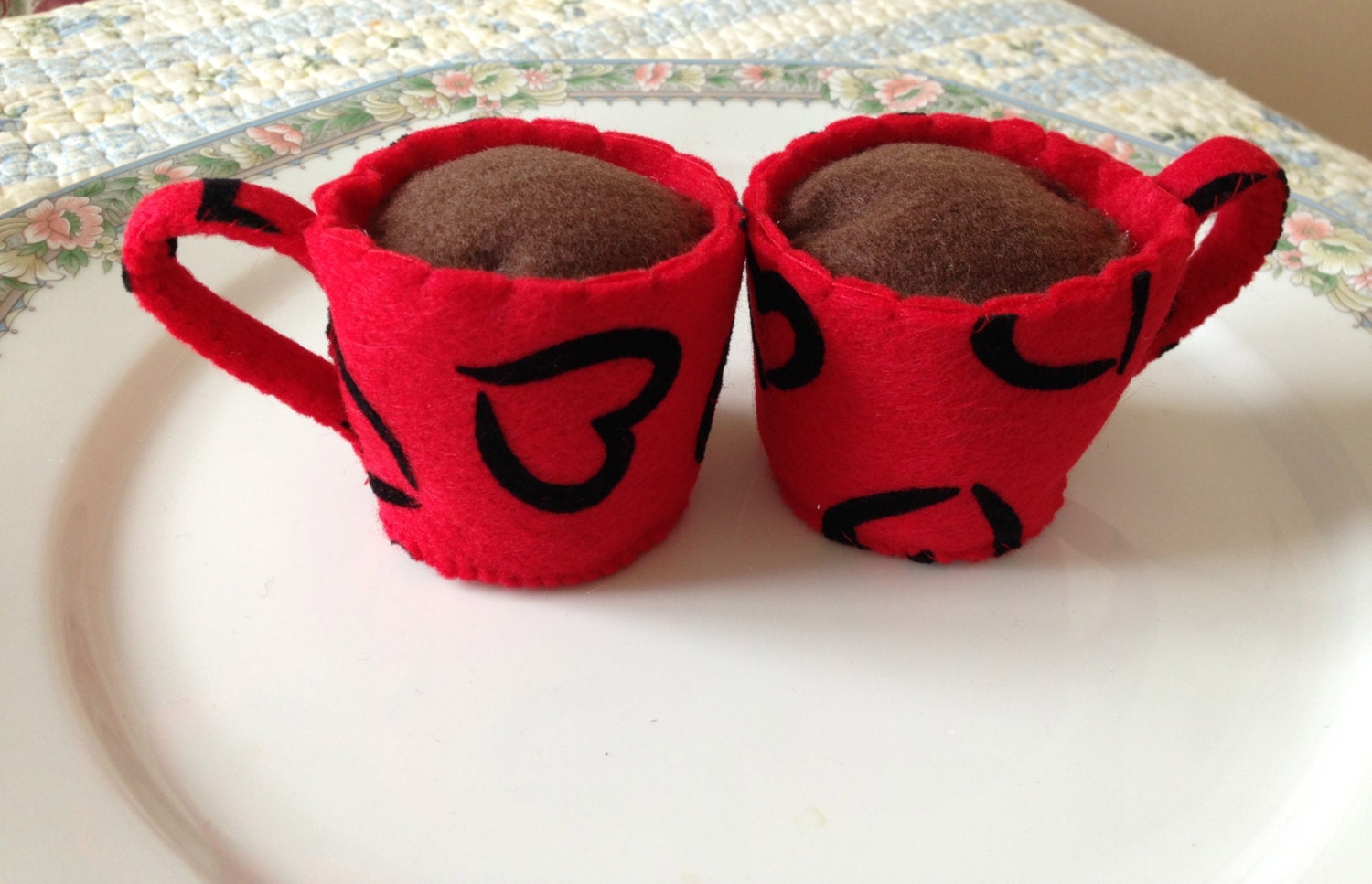Two Red with Black Hearts Mugs of Hot Chocolate Eco Friendly Felt Play Food READY TO SHIP
