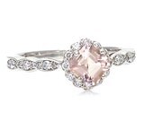 Asscher Morganite Engagement Ring 14K Morganite Ring Diamond Halo Custom Bridal Jewelry