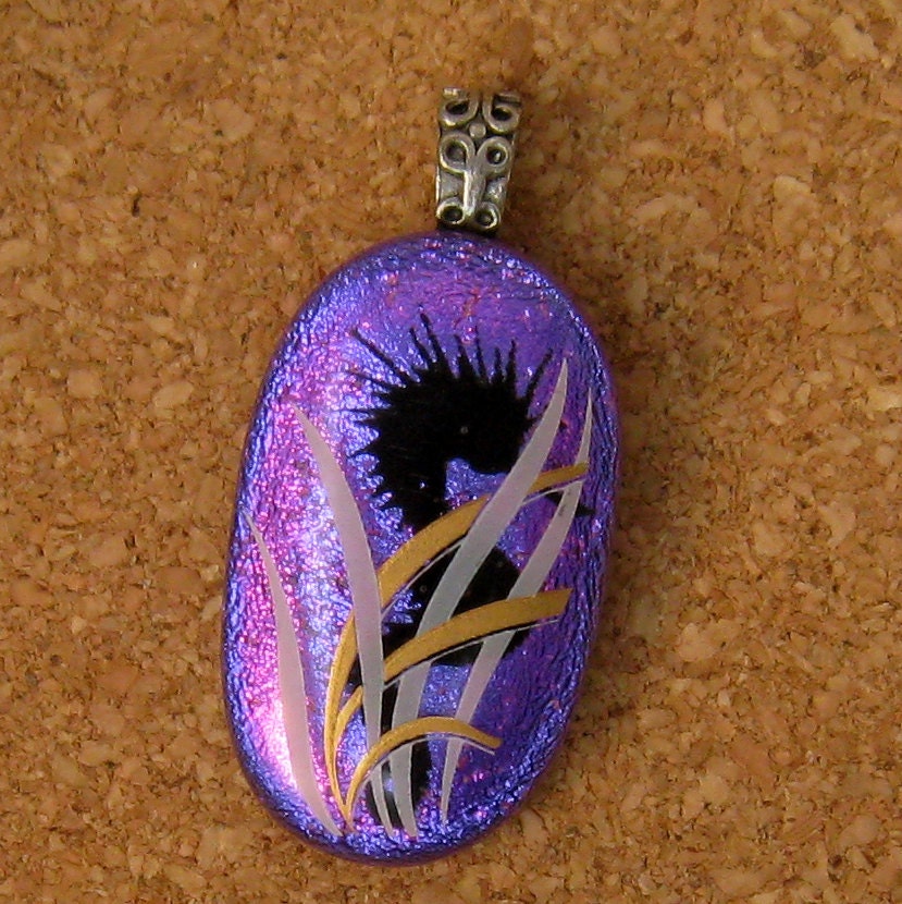 Dichroic Seahorse Pendant, Violet Purple Fused Glass Pendant