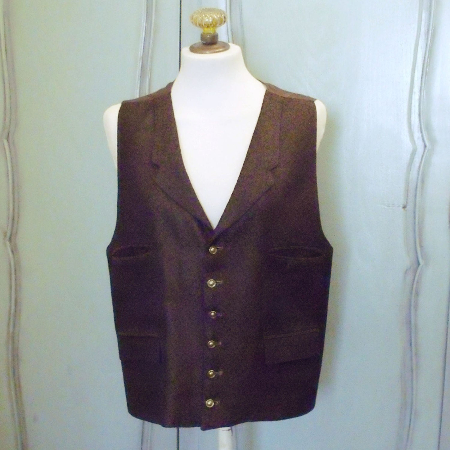 Vintage BROCADE Black brown ceremony men vest ... Large