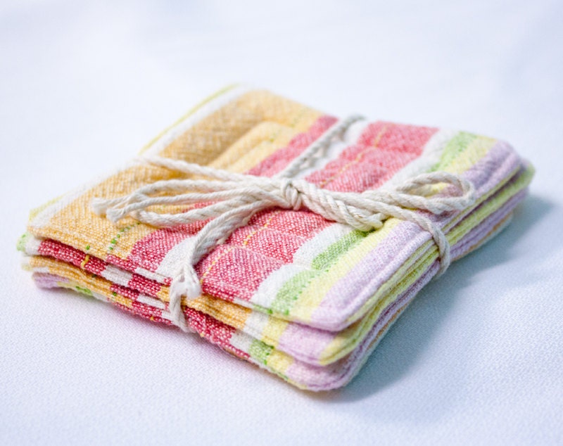 Summer Stripes - Set of 4 Reversible Coasters - made with reclaimed and remnant fabric
