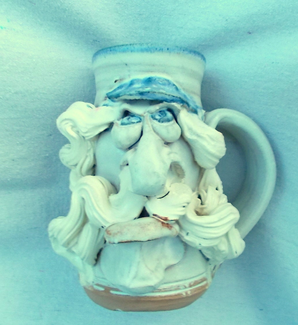 70s Studio Pottery FACE Mug Epic White Flowing Mustached Fellow  is a Blast from the Past OOAK Large Size Mug