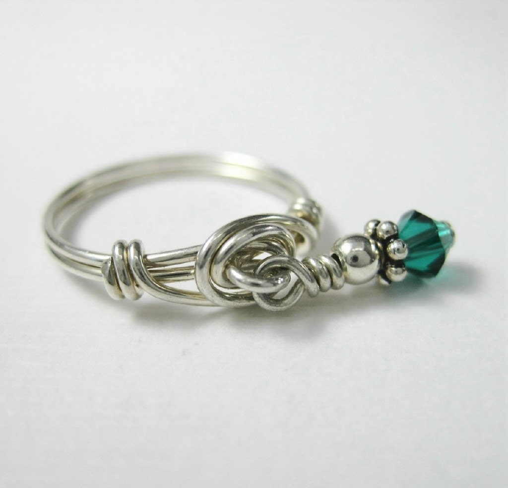 Personalized Birthstone Dangle Ring -- Sterling Silver Wire Wrapped  Swarovski Crystal Dangle Ring -- All Sizes/ Birthstones Available