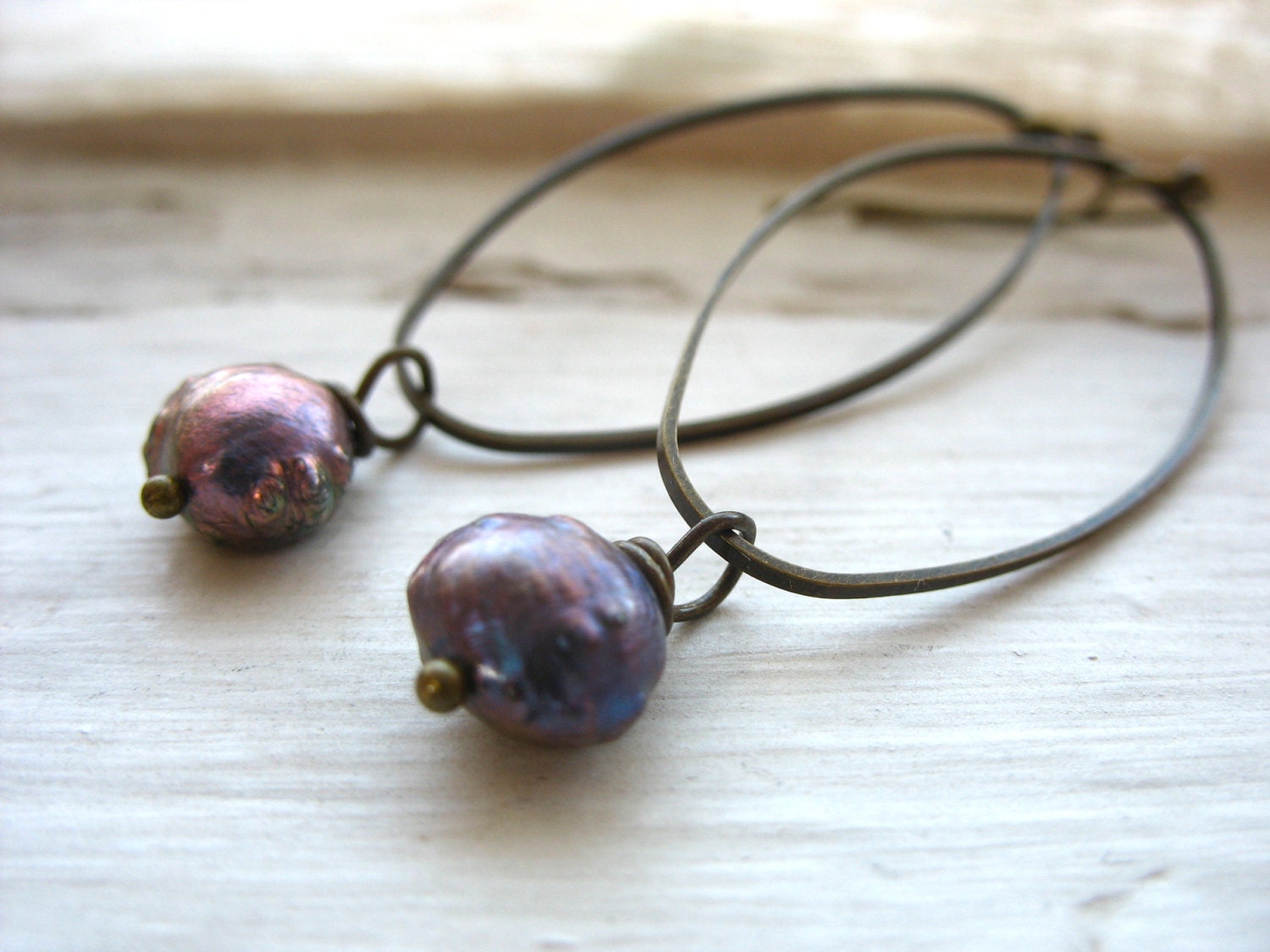 Pearl Earrings, Peacock Pearl Antiqued Brass Chandelier Hoop Dangle Drop Earrings, Handmade Metalwork Artisan Pearl Jewelry, FREE  Shipping
