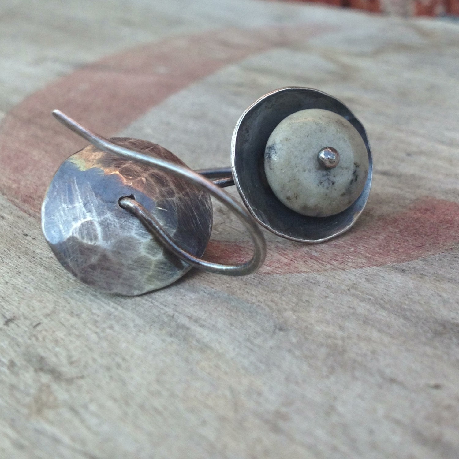 Simple Hammered Silver Jasper Earrings