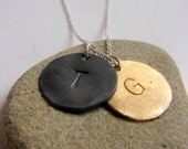TWO Initial Charm Necklace,  Monogram Disc Jewelry, Sterling SILVER, Mom and Child, Couple Jewelry, Sister, Best friends Necklace