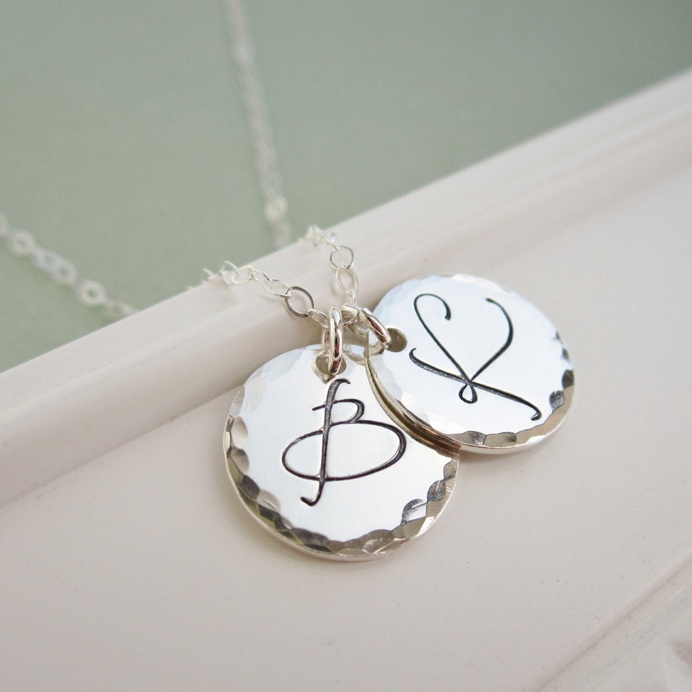 Personalized necklace, silver necklace, large sterling silver initials, two 2 initials, custom initial jewelry, hammered initial charms