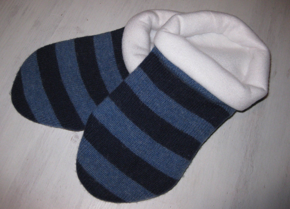 Double Blue Striped Fleece Lined Sweater Slippers - W9/9/5