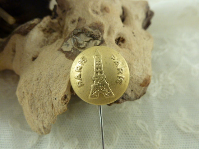 Button Lapel Pin,  Gold Tone  with Eiffel Tower and stamped Paris