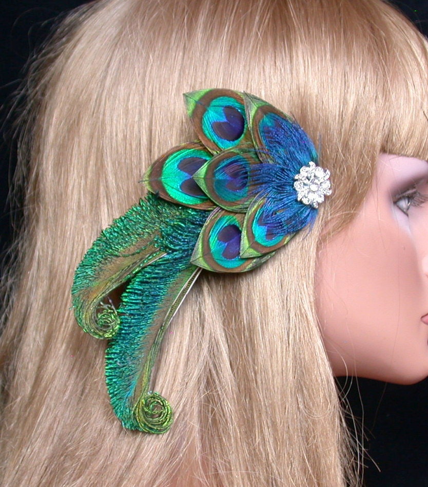 Peacock Drama Feather Hair Piece - Rhinestone Bling -Ready to Ship