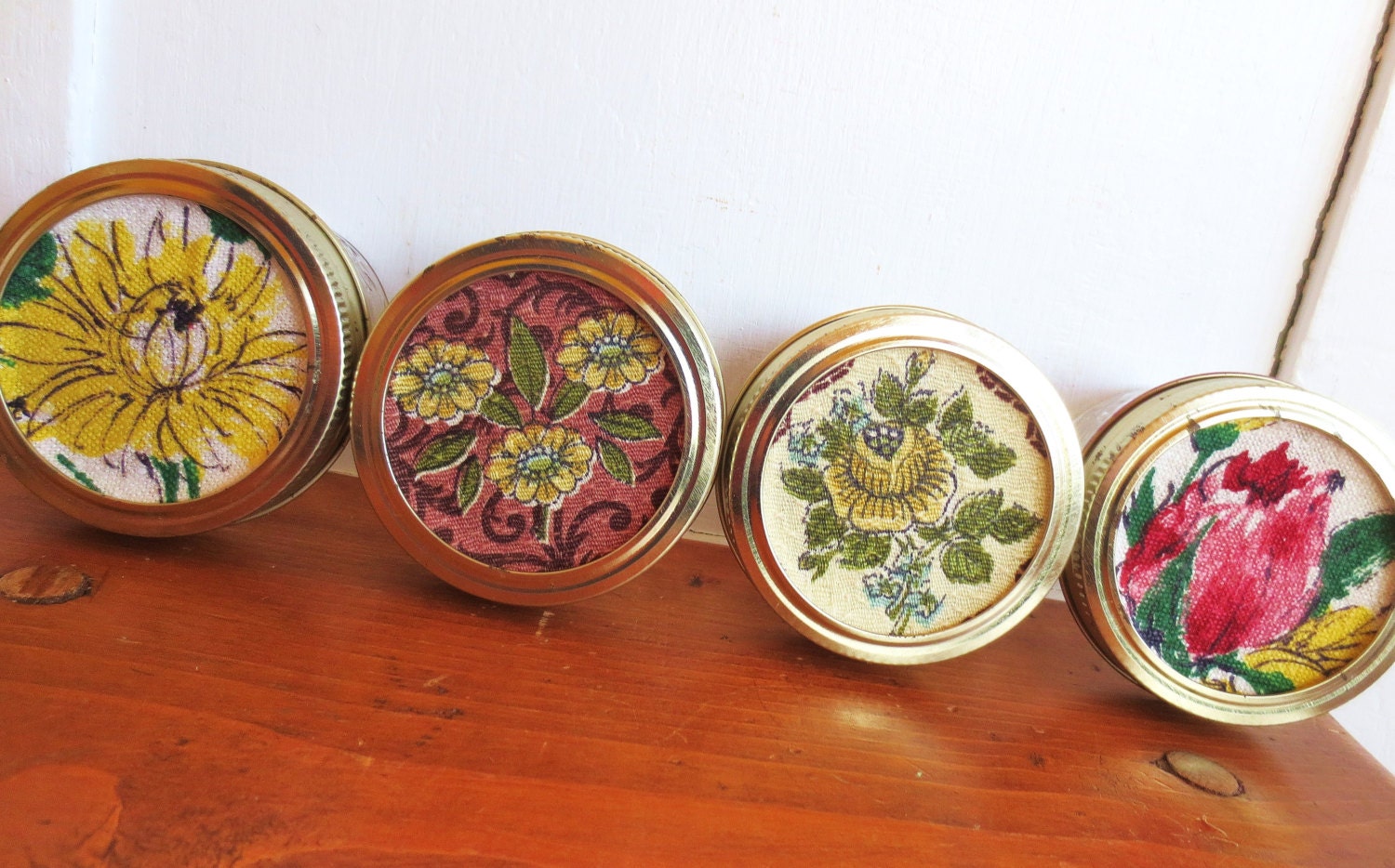 Have A  Ball...  Four Vintage Flower Lidded Ball Canning Jelly Jars With Barkcloth Fabric Lids