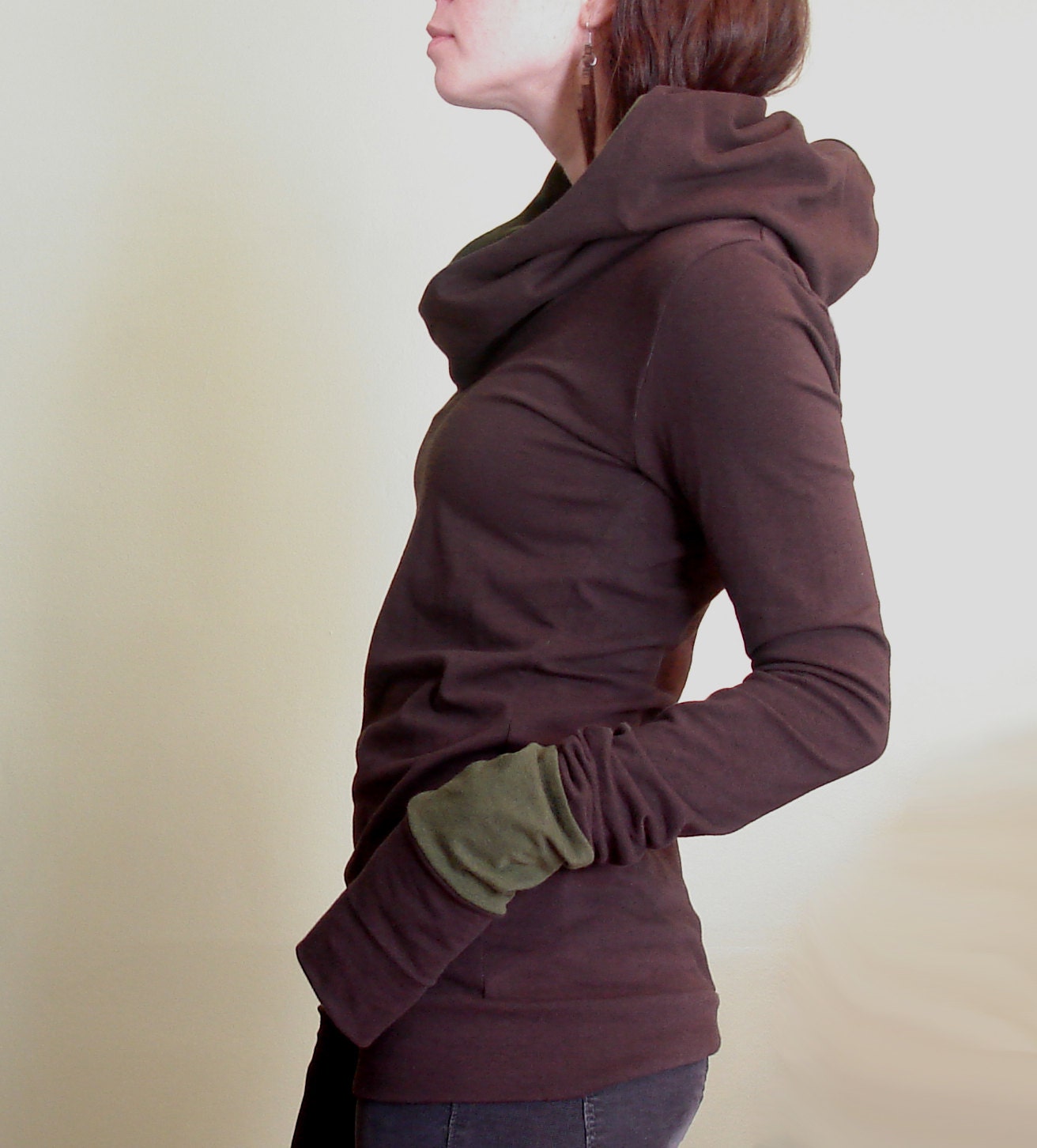 extra long sleeved hooded top Chocolate Brown with Olive green