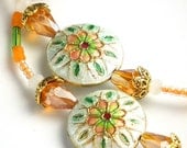 Beaded ID Badge Lanyard, White Cloisonne Flower Beads, Fire Agate, Breakaway Style