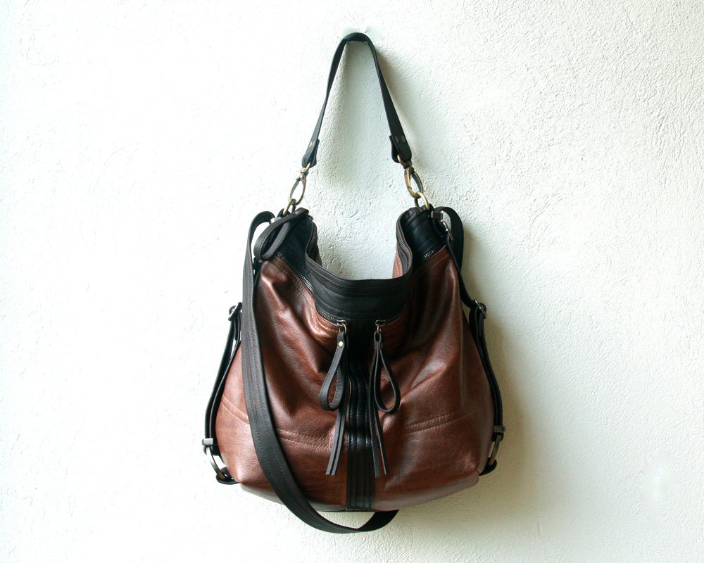 LARGE HOBO PACK  -  color block  'three in one' - leather backpack - with two outside zip pockets - choose your leather and finishes